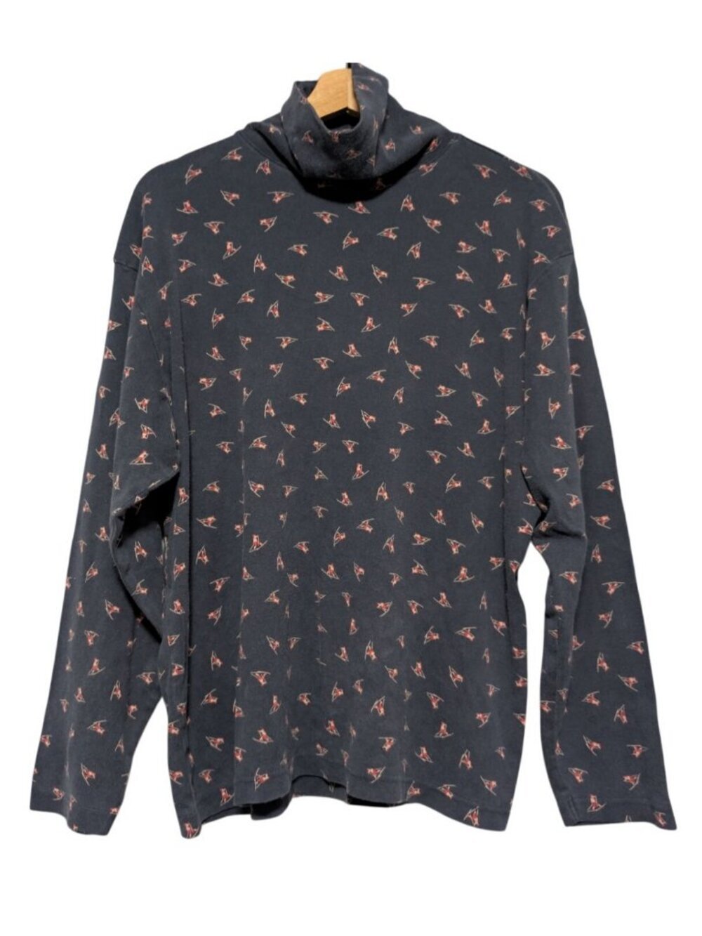 Eddie Bauer Skiing Turtleneck Top Womens XL Navy Blue Skier Print Cotton Shirt